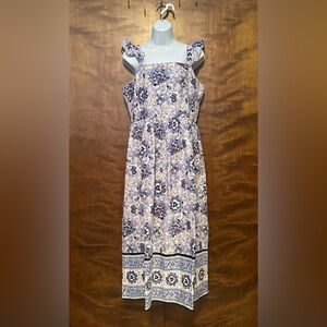 Anne Klein Ruffle Sleeve Smocked Midi Dress Womens 10 Blue Floral Cotton Wedding